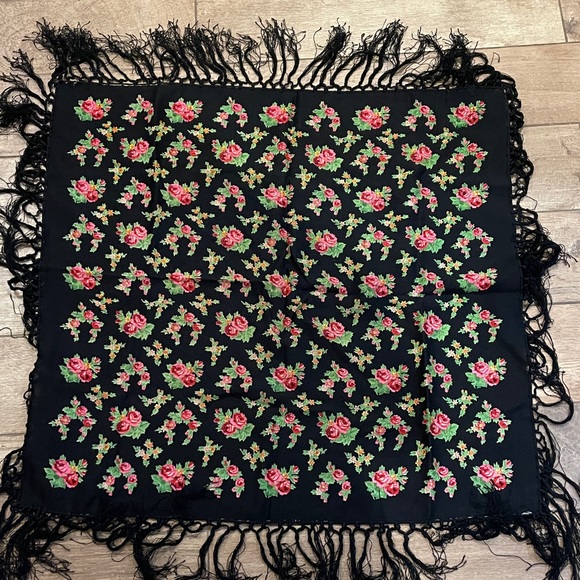 Accessories - Floral Black Scarf with Fringe